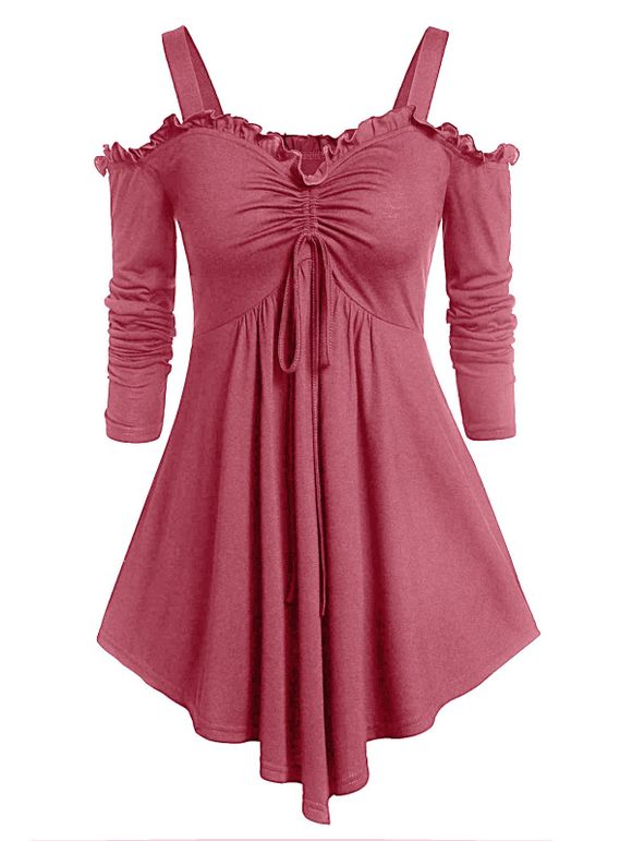 T-shirt Epaule Dénudée Grande Taille à Lacets - Rouge Cerise 5X