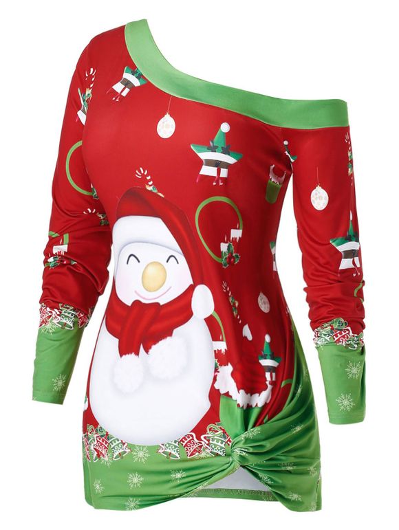 T-Shirt de Noël Tunique Bonhomme de Neige Imprimé Grande Taille à Col Oblique - Rouge 5X