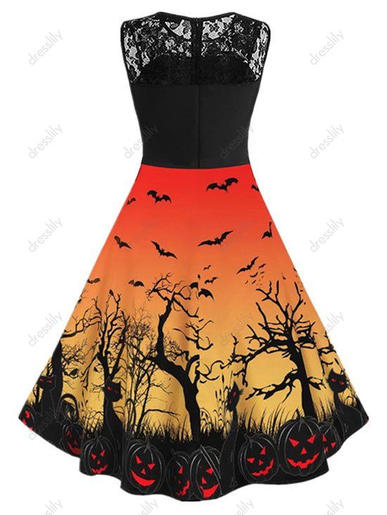 22 Off 2021 Halloween Pumpkin Bat Print Lace Insert Sleeveless Dress In Pumpkin Orange