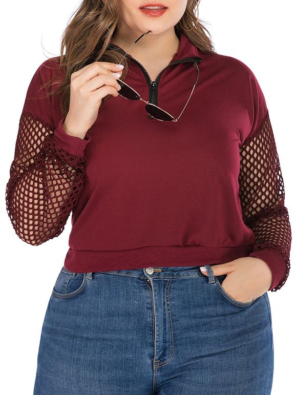 Sweat-shirt Demi-Zip en Résille Insérée Grande Taille - Rouge Vineux 1X