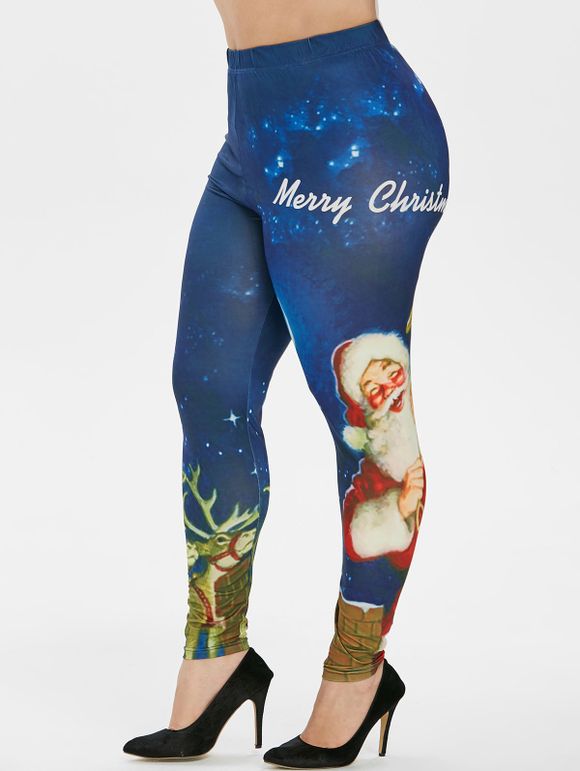 Legging Père Noël et Galaxie Imprimés Grande Taille - Bleu Lapis L