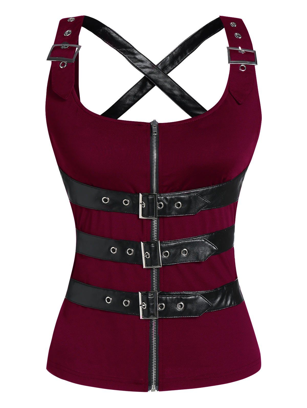 Buckle Strap Zip Up Cut Out Gothic Tank Top - FIREBRICK L