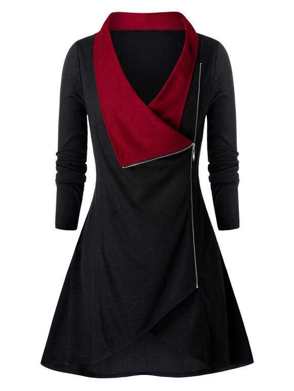Manteau Haut Bas Zippé Contrasté Grande Taille - Noir 5X