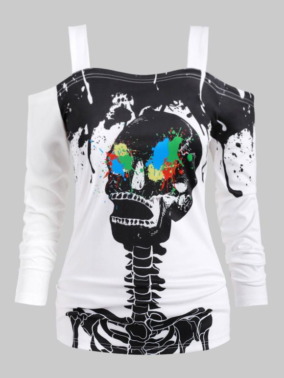 T-shirt d'Halloween Squelette et Peinture Eclaboussée Imprimées de Grande Taille - Blanc 1X