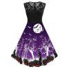 Halloween Pumpkin Bat Print Lace Insert Sleeveless Dress - VIOLET 3XL