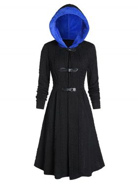 Hooded Faux Fur Buckle Cable Knit Long Coat