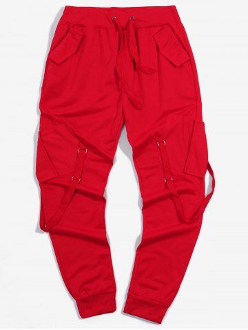 Ribbon Pockets Long Drawstring Sport Cargo Pants