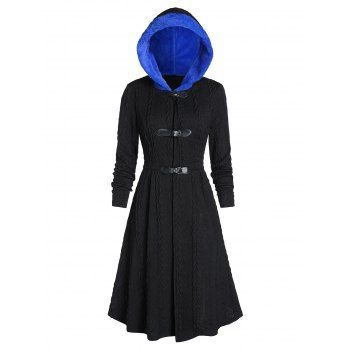 Image of Hooded Faux Fur Buckle Cable Knit Long Coat