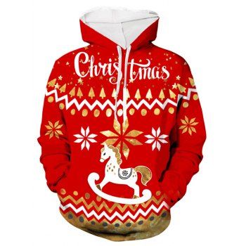 

Christmas Wooden Horse Print Hoodie, Red