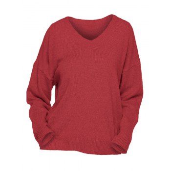 

Plus Size Drop Shoulders V Neck Sweater, Red