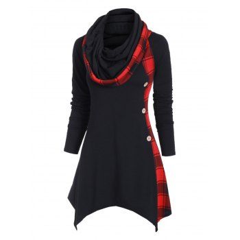 

Plaid Convertible Neck Mock Button Handkerchief T-shirt, Black