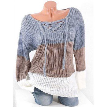 

Plus Size Colorblock Lace Up Chunky Sweater, Multicolor