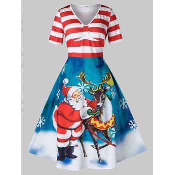

Plus Size Striped Santa Claus Elk Print Christmas Dress, Red
