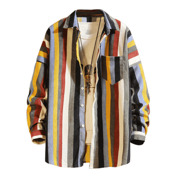Colorful Striped Pockets Button Up Corduroy Shirt