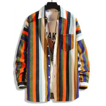 

Colorful Striped Pockets Button Up Corduroy Shirt, Multicolor a