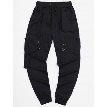 

Ribbon Pockets Long Drawstring Sport Cargo Pants, Black