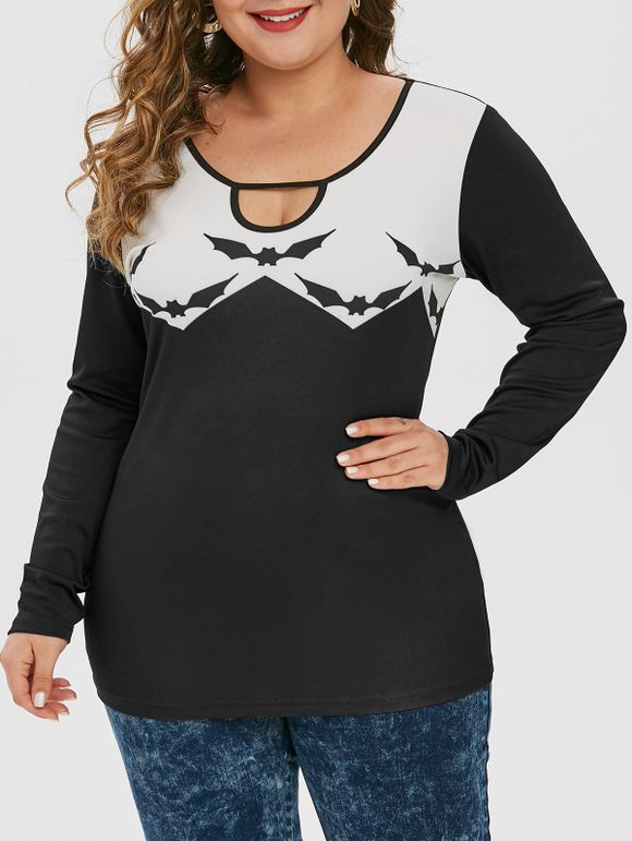 T-shirt d'Halloween Découpé Chauve-souris Imprimé de Grande Taille à Manches Longues - Noir 5X