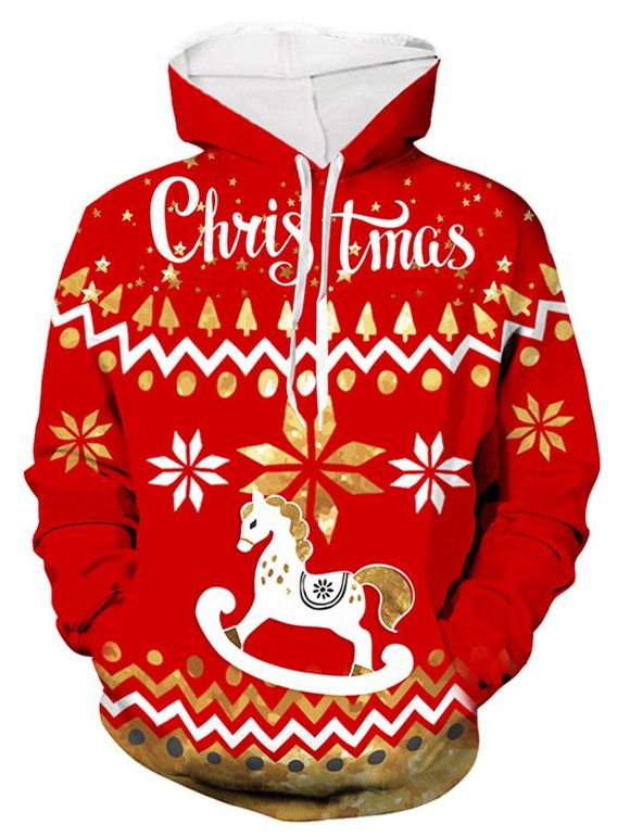 Christmas Wooden Horse Print Hoodie - RED XL