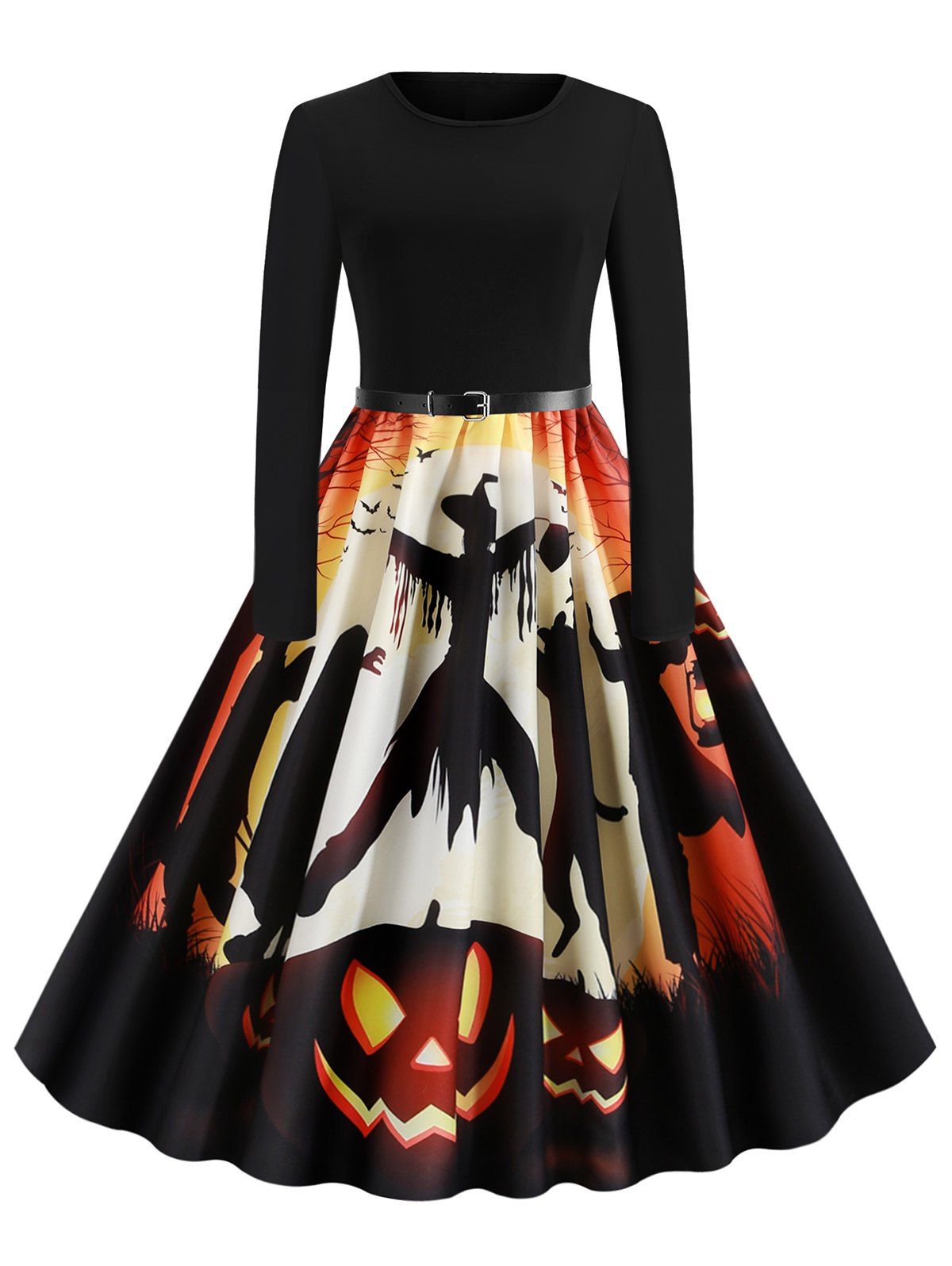 [53% OFF] 2020 Pumpkin Bat Ghost Belted Halloween Flare Dress In BLACK ...