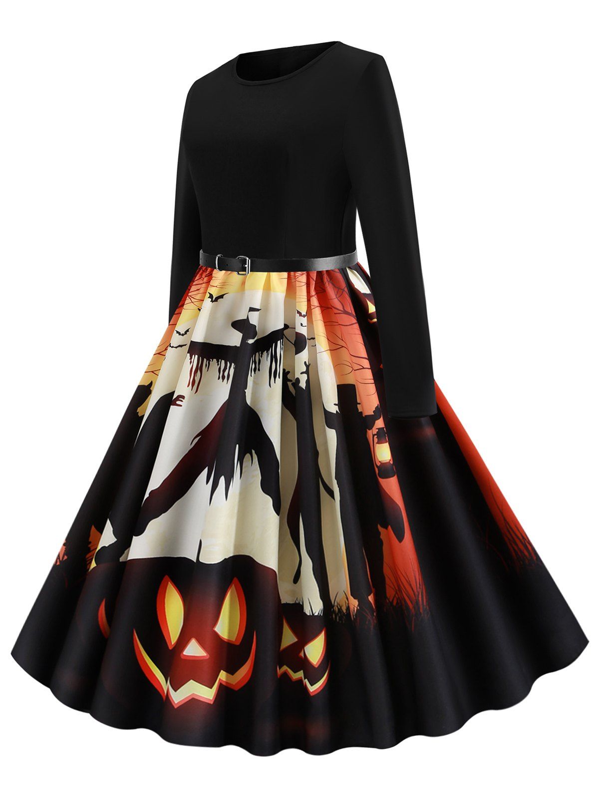 [53% OFF] 2020 Pumpkin Bat Ghost Belted Halloween Flare Dress In BLACK ...
