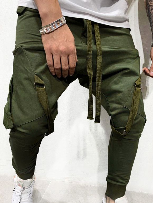 Ribbon Pockets Long Drawstring Sport Cargo Pants - ARMY GREEN M