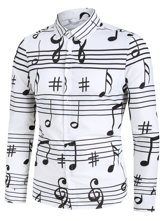 Chemise de Fête Boutonnée Notes de Musique Imprimées à Manches Longues - Blanc 3XL