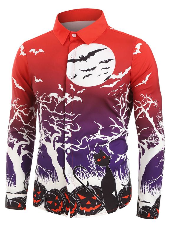 Chemise d'Halloween Boutonnée Citrouille Nuit Imprimée à Manches Longues - Rouge Vineux 3XL