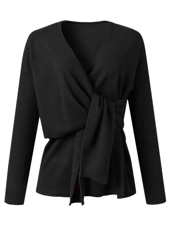Pull Noué en Couleur Unie à Col V - Noir XL