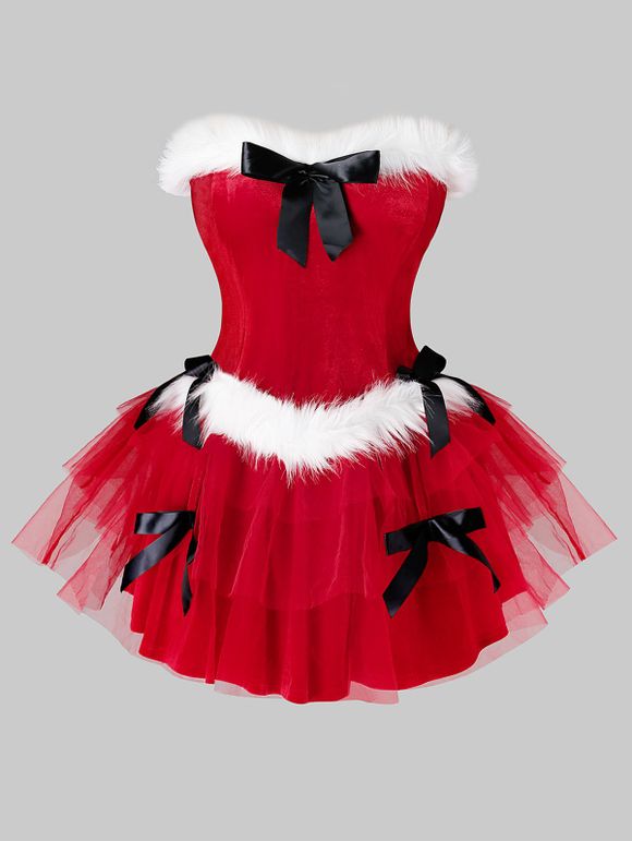 Plus Size Bandeau Velvet Mini Layered Christmas Dress - RED L