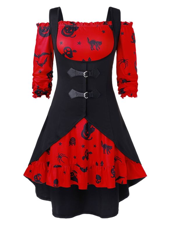 Robe d'Halloween Vintage Citrouille Imprimée à Epaule Dénudée de Grande Taille avec Gilet - Rouge Lave 5X