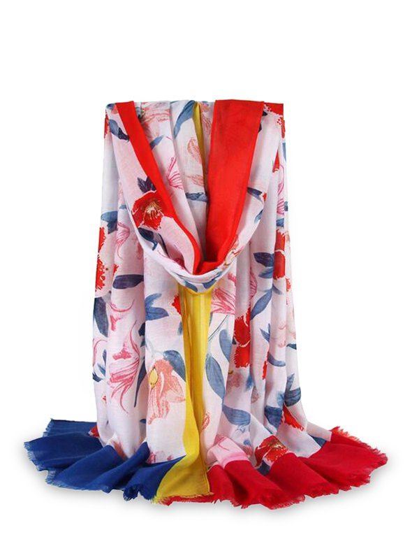 

Flower Printed Color-blocking Fringe Beach Scarf, Red