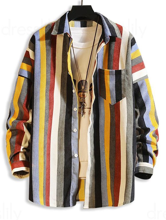 Chemise Boutonnée Rayée Colorée en Velours Côtelé avec Poches - multicolor B 3XL