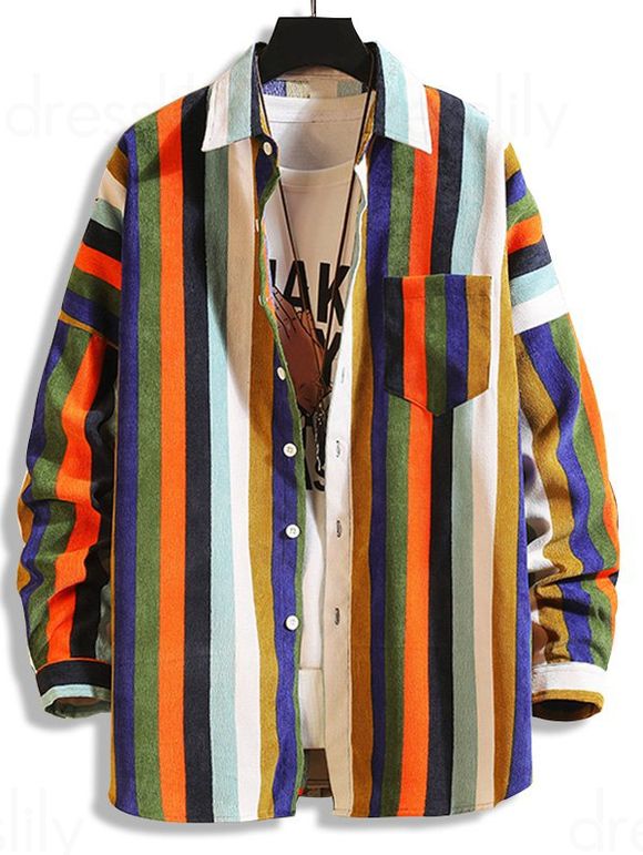 Chemise Boutonnée Rayée Colorée en Velours Côtelé avec Poches - multicolor A 4XL