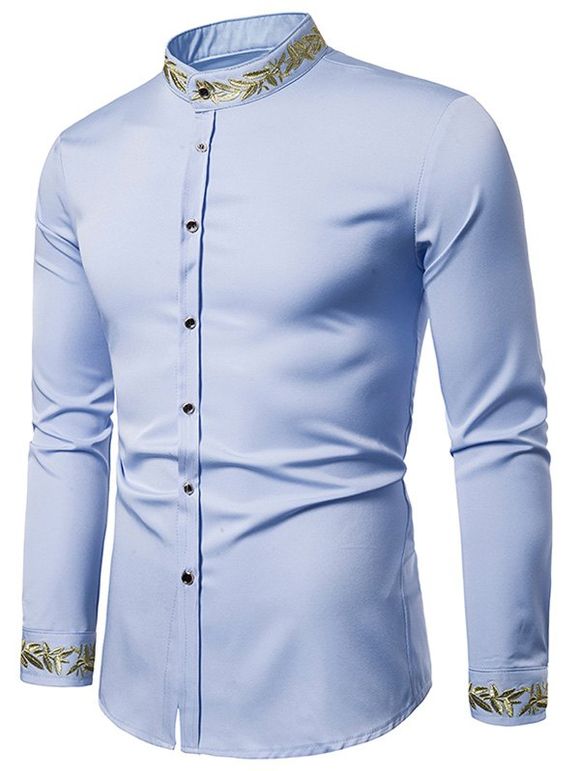 Chemise Fleur Brodée Manches Longues à Col Debout - Bleu clair L