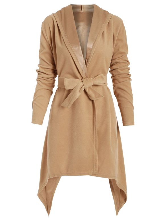 Manteau à Capuche Ceinturée Asymétrique en Couleur Unie - Marron Camel XL