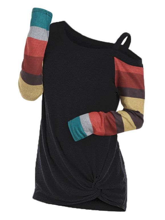 T-shirt Tordu Manches en Blocs de Couleurs Grande Taille à Col Oblique - Noir L