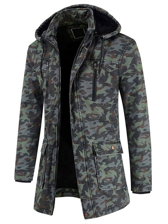 Manteau Trench à Capuche Camouflage Imprimé avec Poche - Gris Carbone XS