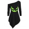 Sweat-shirt d'Halloween Néon Citrouille Imprimée de Grande Taille à Col Oblique - Noir 5X