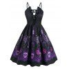 Robe Vintage d'Halloween Fleurie Squelette Grande Taille à Lacets - Noir 3X