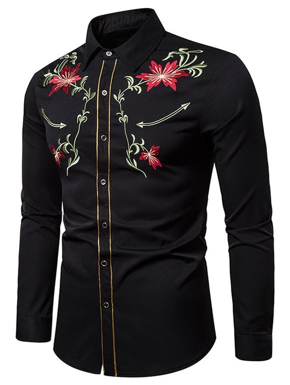 Chemise Fleur Brodée à Ourlet Contrasté avec Bouton - Noir XL