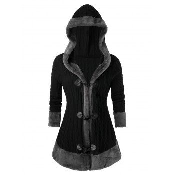 

Plus Size Hooded Faux Fur Horn Button Cable Knit Cardigan, Black