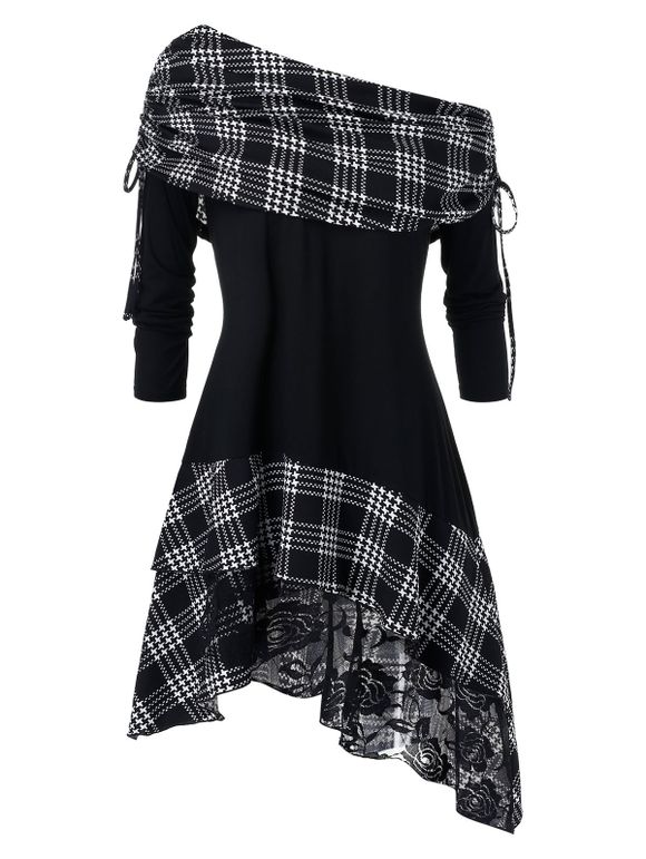 Plus Size Checked Panel Asymmetrical Cinched T Shirt - BLACK 1X