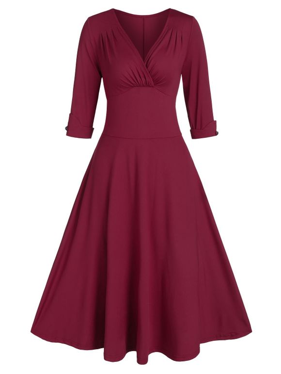 Robe de Bal Vintage Embellie de Bouton Manches à Revers - Rouge Vineux L