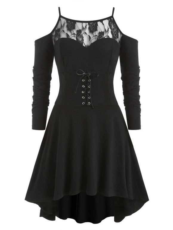 Lace Up Haut Bas Ouvert épaule Plus Size Dress - Noir 1X