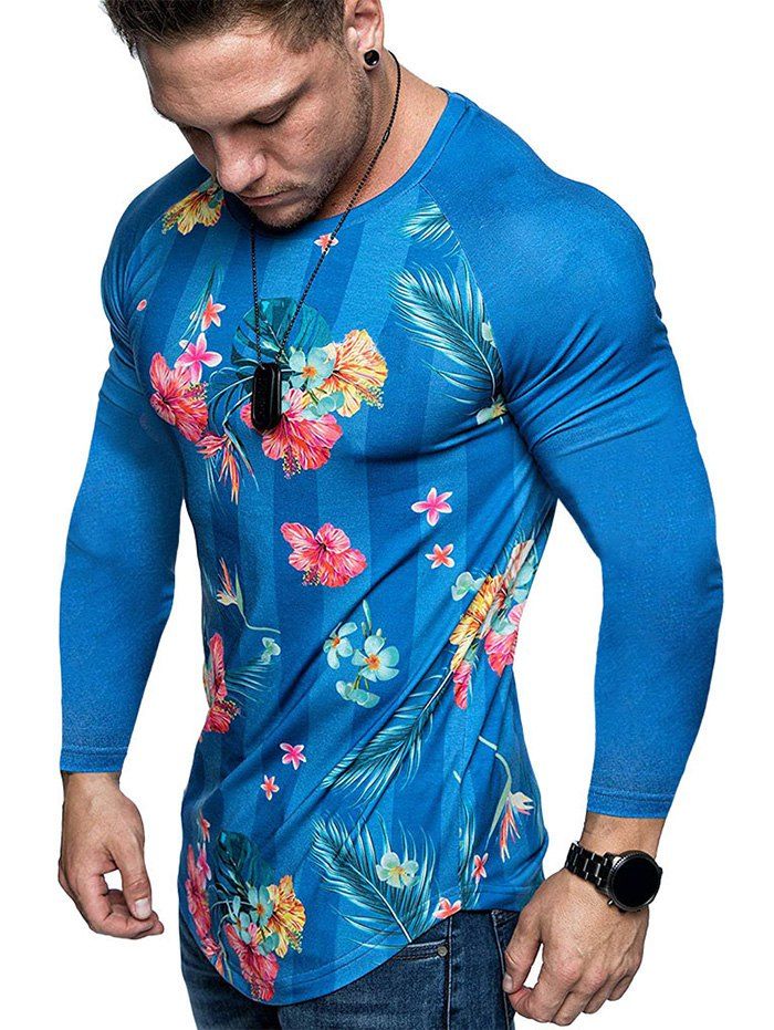 Floral Printed Long Sleeve Asymmetrical T-shirt - BLUE S