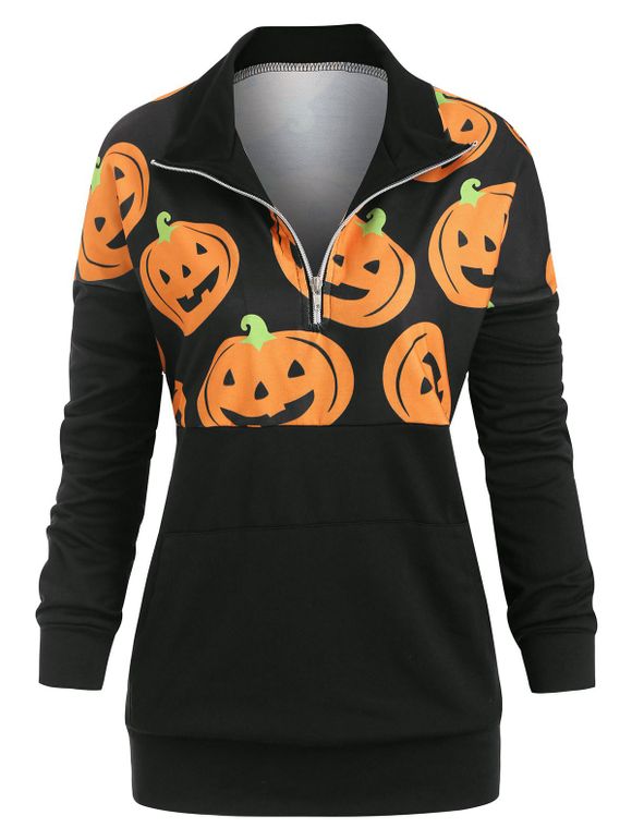 Sweatshirt d'Halloween Citrouille Grande Taille avec Poche en Avant - Noir 2X