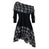 Plus Size Checked Panel Asymmetrical Cinched T Shirt - BLACK 1X
