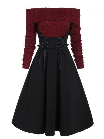 Lace Up Cable Knit Mixed Media Off Shoulder Dress