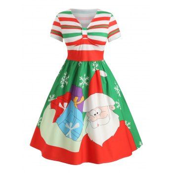 Plus Size Christmas Santa Claus Striped A Line Dress