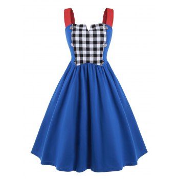 

Plaid Panel V-notch Plus Size Vintage Dress, Blue
